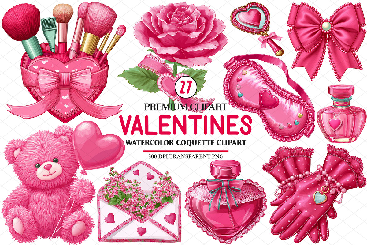 Watercolor Coquette Valentines Clipa, an Illustration by cherrydesign (Photo 1 of 4)