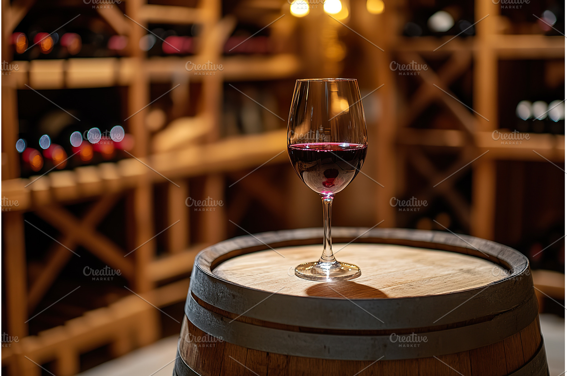 Glass of red wine on barrel in, a Food & Drink Photo by Lermont51