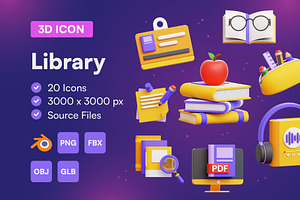 20 Library 3D Icon Set, an Object 3D Model by Bilicube Studio