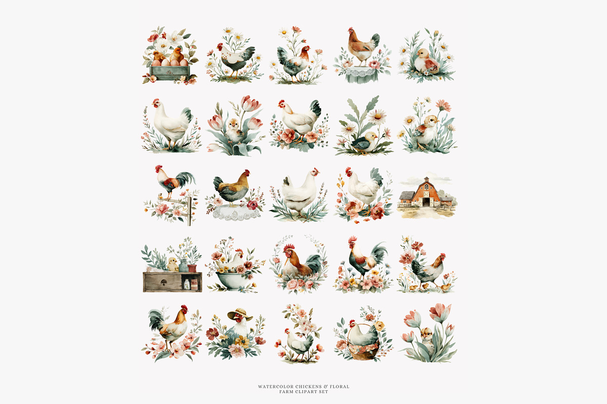 Rustic rooster and chicken watercolo, a Decorative Illustration by Patishop Art (Photo 6 of 8)
