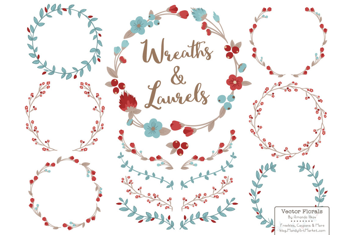 Red & Robin Egg Vector Flower Wreath, an Illustration by Amanda Ilkov (Photo 1 of 3)