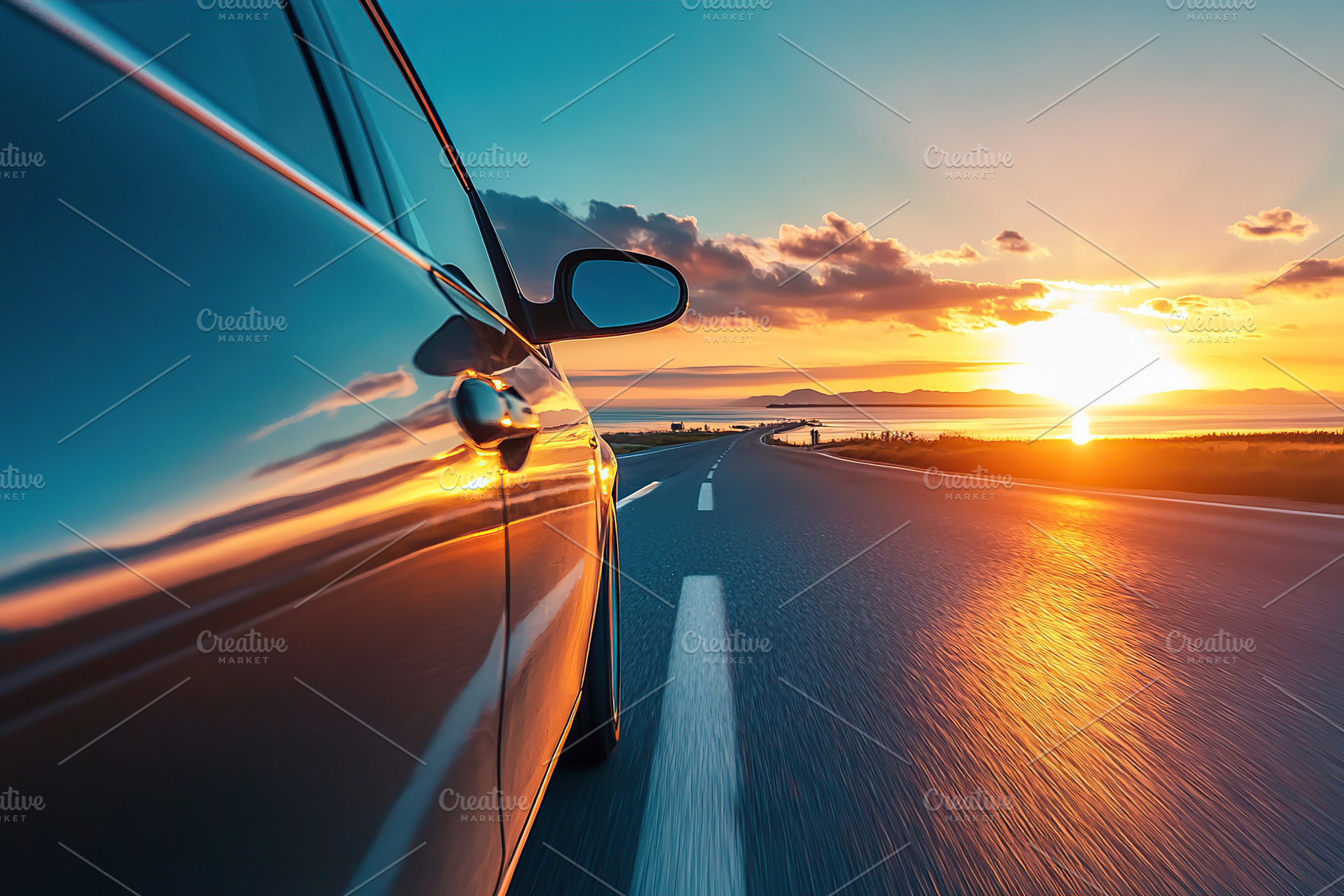 Driving along a scenic highway at sunset with beautiful views in the background, a Photo by AlyaAnd