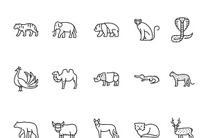 Asian animals black line icons set