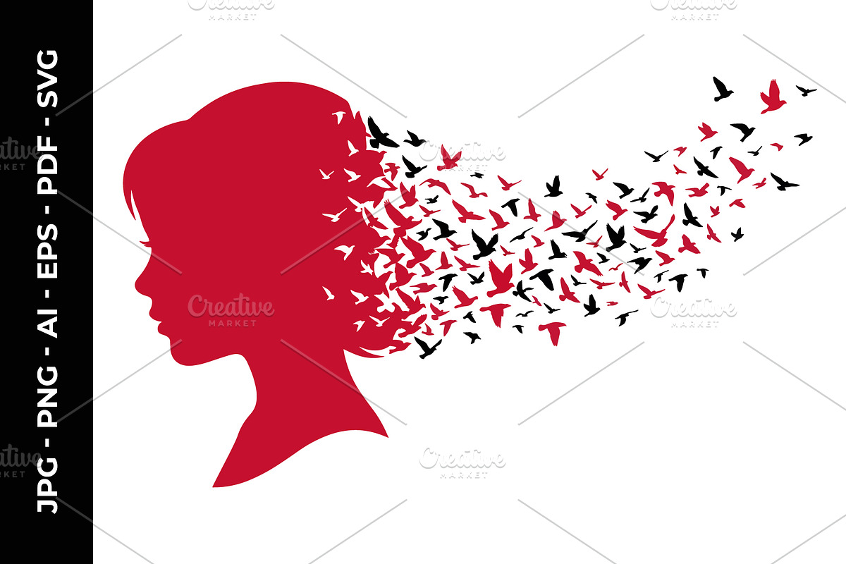 Girl silhouette changing into birds, a Decorative Illustration by nandinigraphics (Photo 1 of 3)