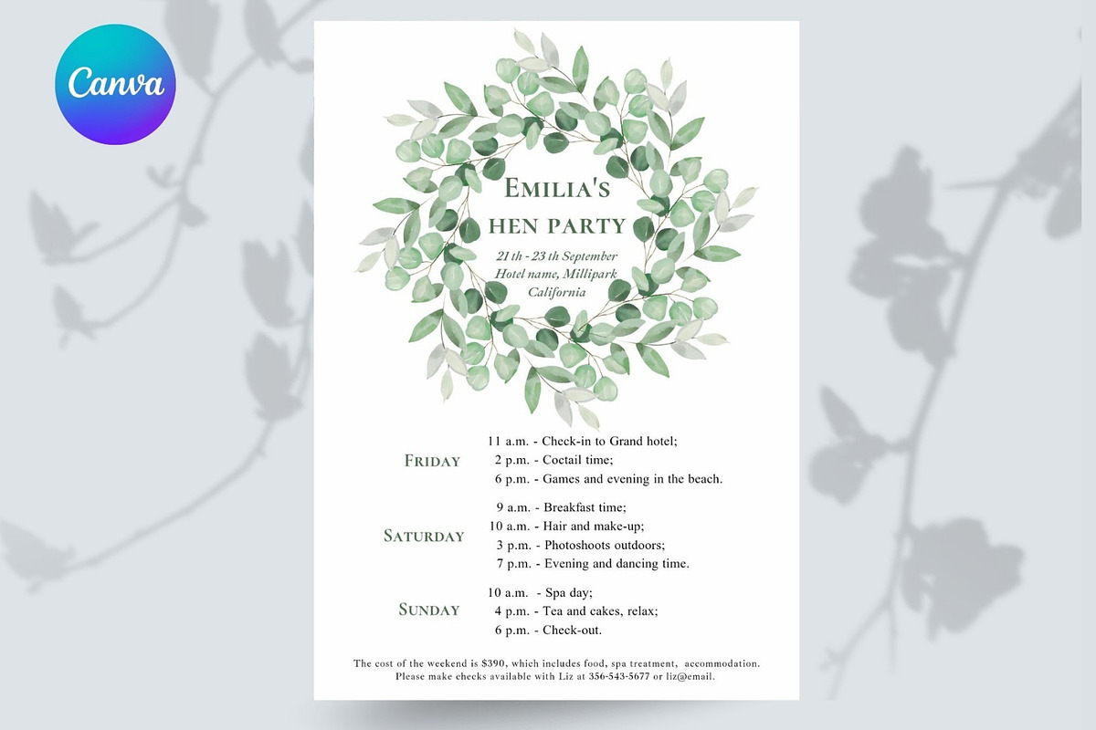 Eucalyptus Hen weekend itinerary, an Invitation Template by EvaTemplates (Photo 6 of 6)