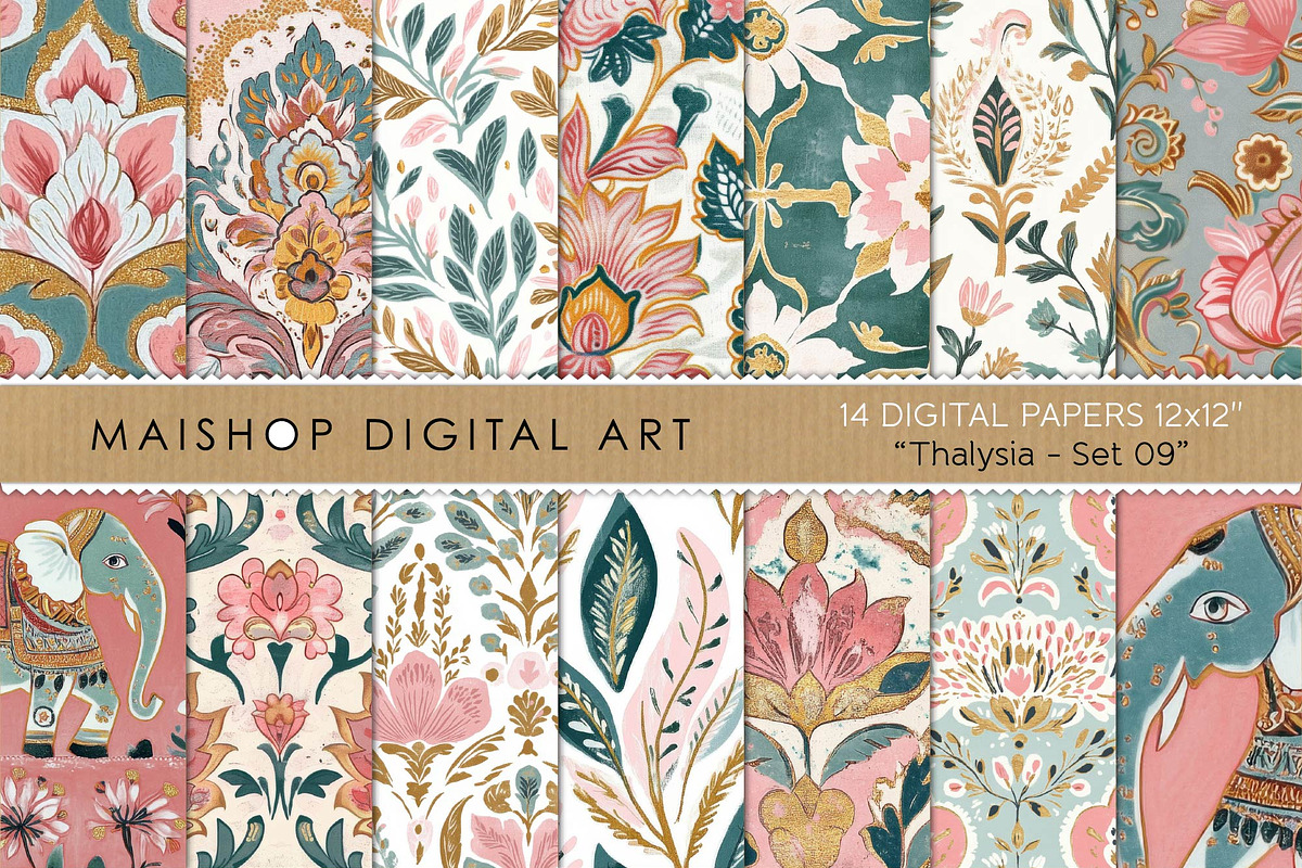 Pink & Teal Indian Floral Patterns, a Pattern Graphic by Maishop (Photo 1 of 3)