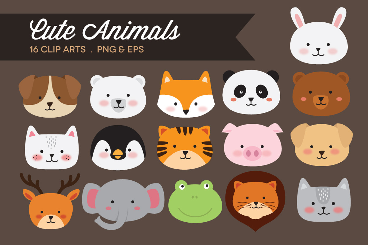 Cute Animal Heads Clip Art, an Animal Illustration by cloudstreetlab