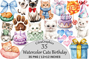 Watercolor Cats Birthday Clipart, a Seasonal Illustration by CitraGraphics (Thumbnail 1 of 7)