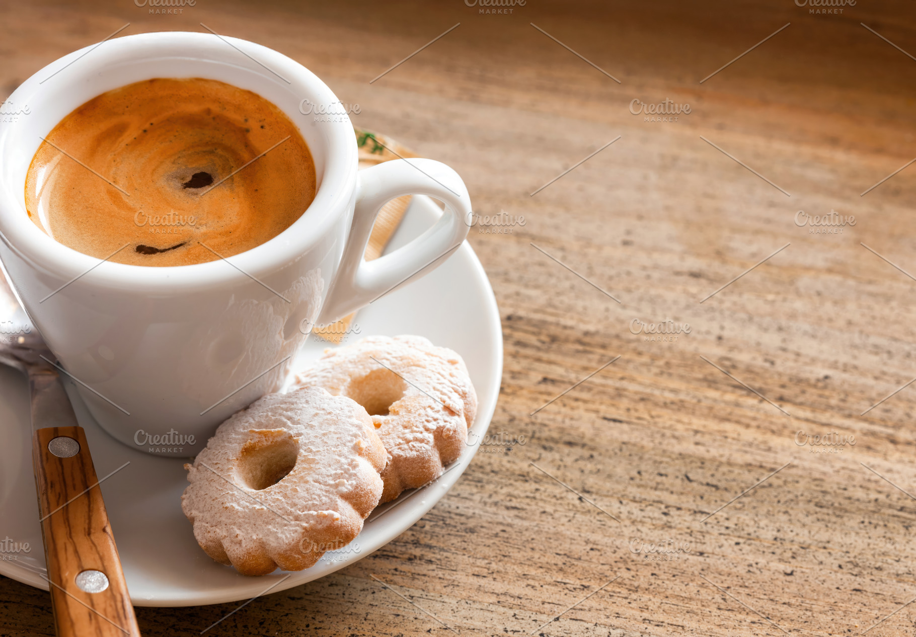 Italian breakfast with espresso coffee and canestrelli biscuits on wooden table, a Food & Drink Photo by Antonio Gravante Market