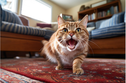 a tabby cat caught mid-sneeze on a