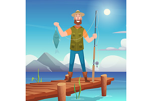 Fisherman. happy character standing, a Sport Illustration by Onyx