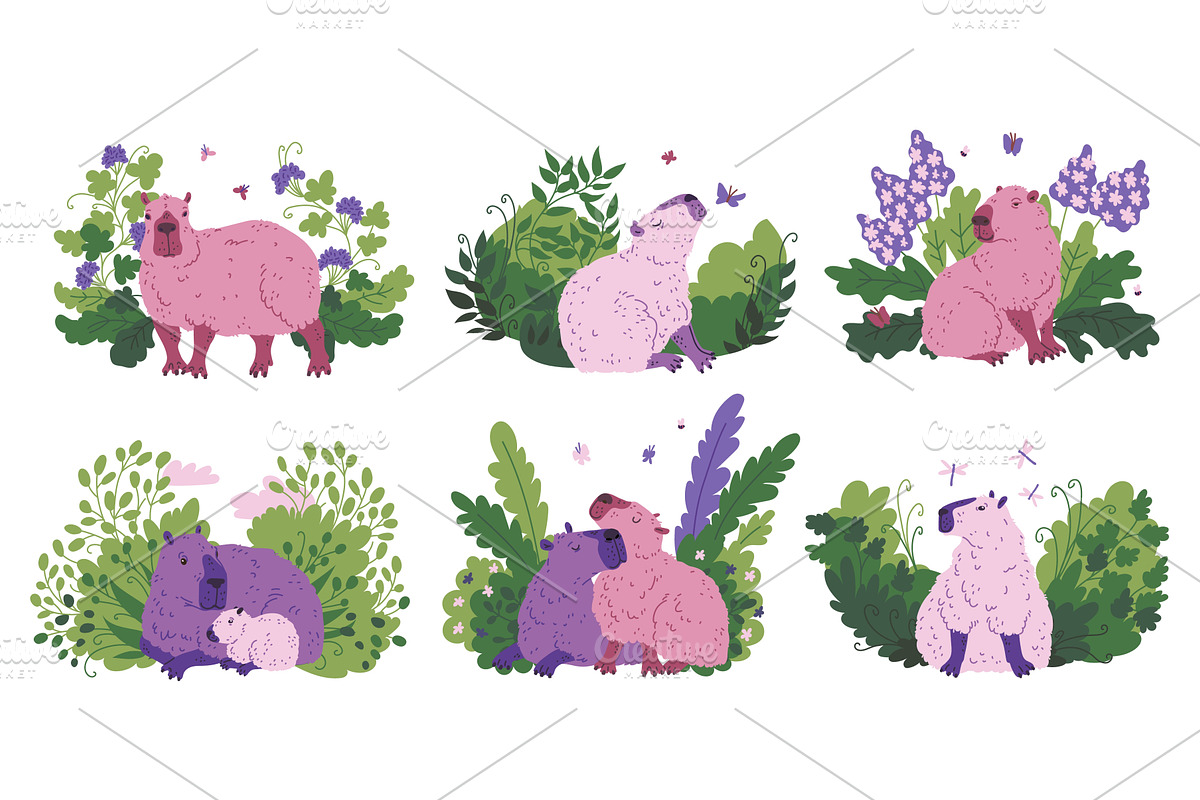 Set of capybaras in different poses, an Animal Illustration by Sabelskaya