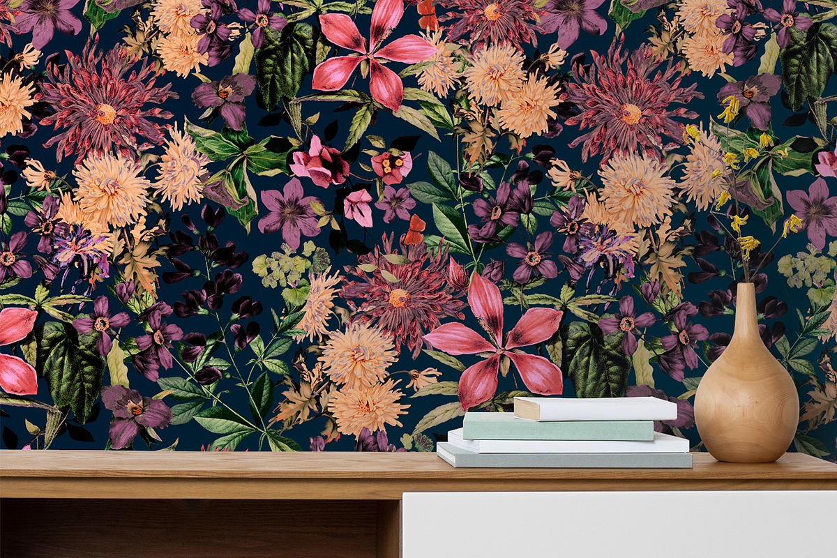 Dark Blossom Flowers Seamles Pattern, a Wallpaper Graphic by MalyskaStudio