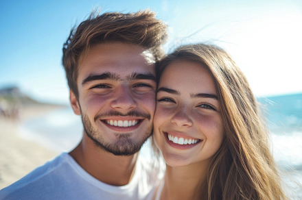 Happy young couple embracing, a Photo by Pavel_design