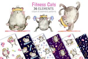 Fitness & Yoga Cats clipart set