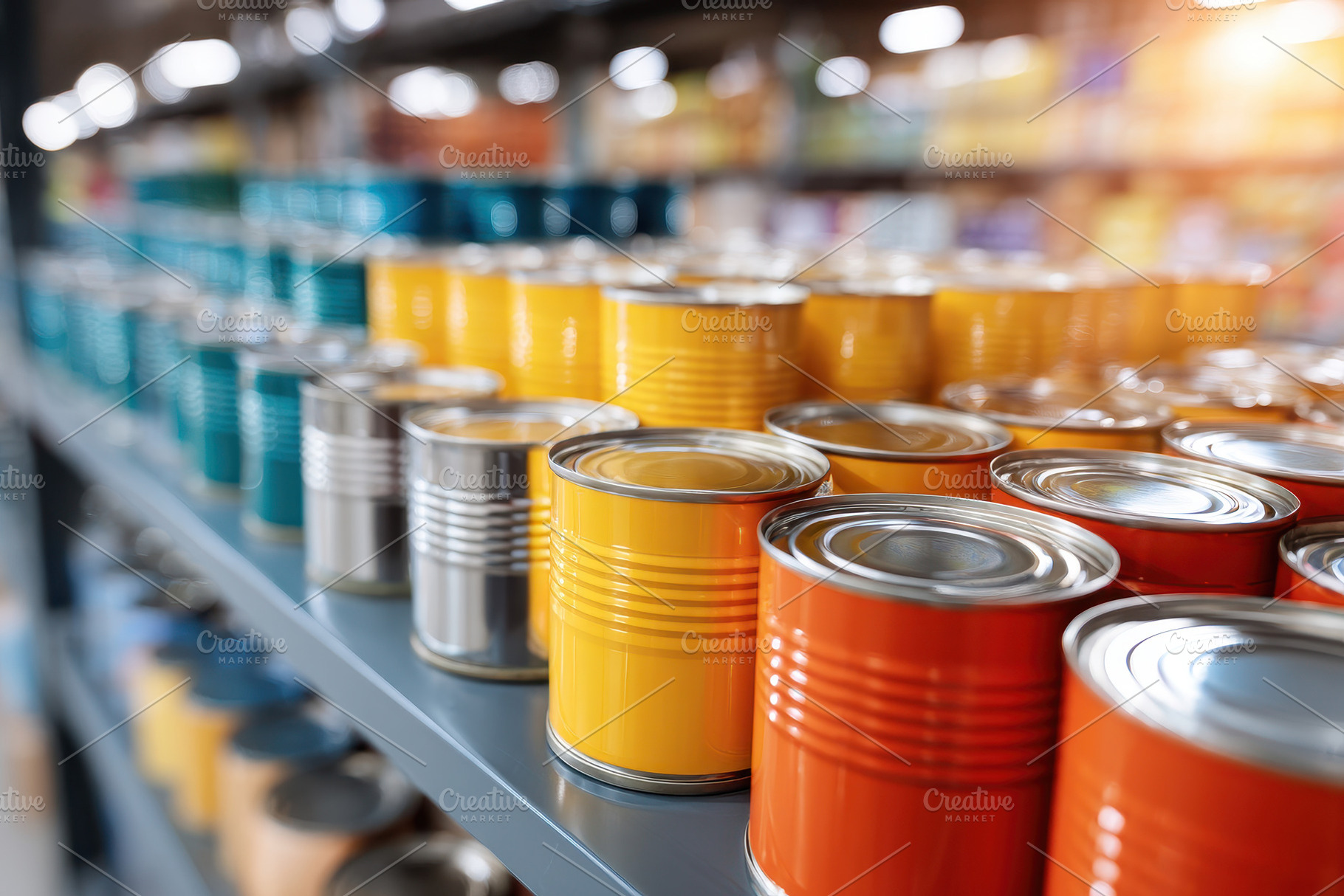 Colorful metallic canned goods on supermarket shelf, an Industrial Photo by AlyaAnd