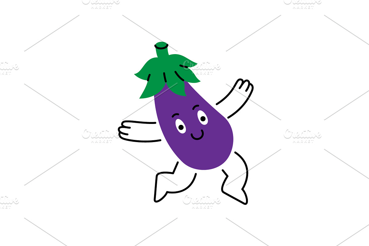 Funny eggplant character jumping and, a Food Illustration by GraphiShop