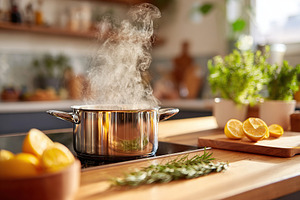 Cooking on the stove with fresh herbs and lemons in a bright kitchen, a Food & Drink Photo by AlyaAnd