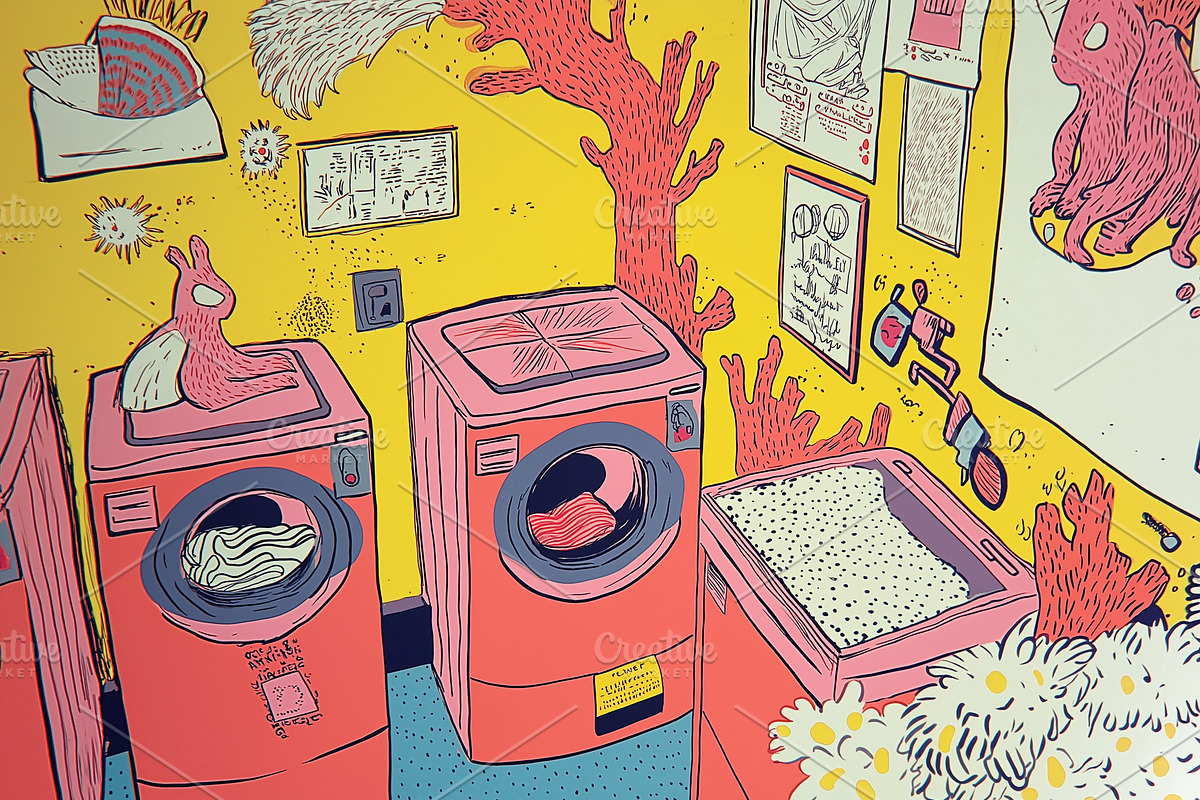 Inside a laundromat, an Object Illustration by Sybillla