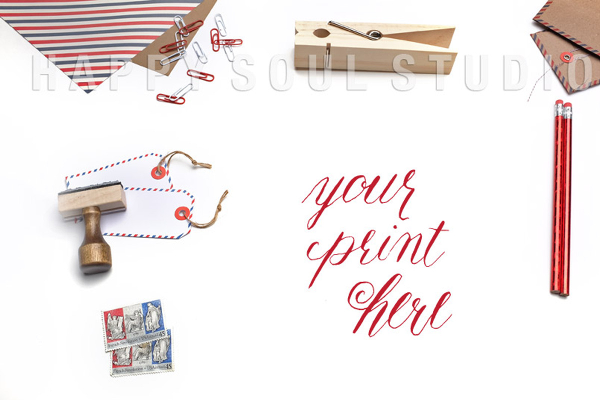 White Desk Envelopes Stamps Paper, a Pens & Pencil Mockup by Happy Soul Studio (Photo 1 of 2)