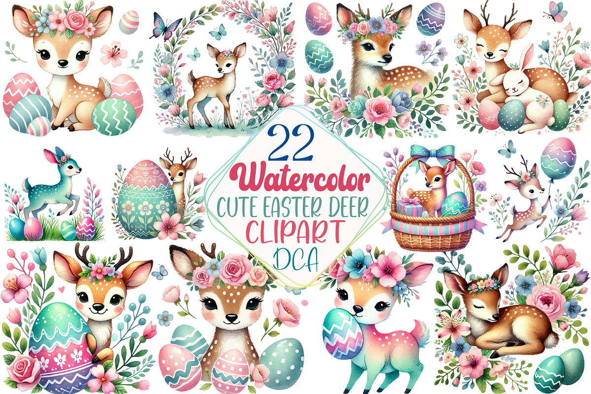 Watercolor Cute Easter Deer Clipart, an Illustration by DreamCafeArt (Photo 1 of 5)