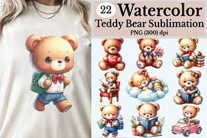 Watercolor Teddy Bear Clipart Bundle, an Illustration by Rose Art