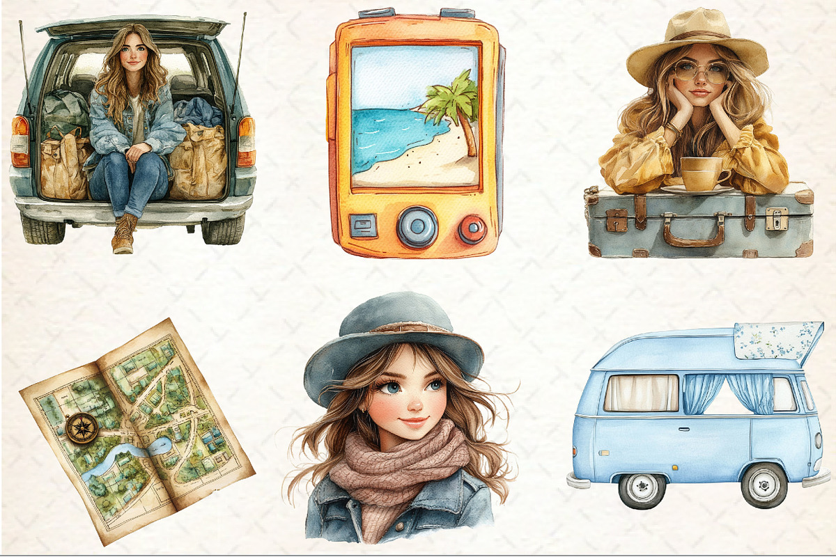 Watercolor Summer Road Trip Clipart, an Illustration by Rose Art (Photo 4 of 4)