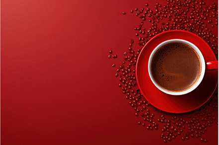 Red coffee cup and coffee beans on, a Food & Drink Photo by Ylivdesign
