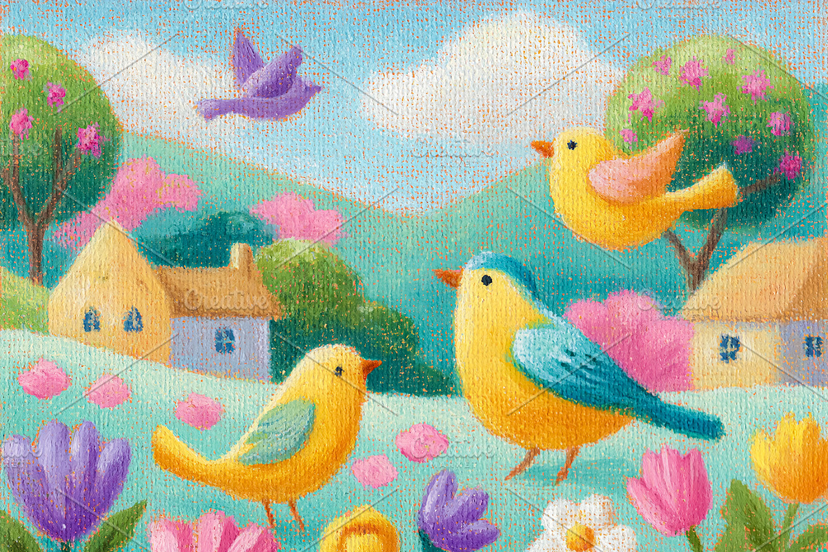 Colorful birds enjoying spring in a vibrant folk art garden with, a Decorative Illustration by Studio ANNA