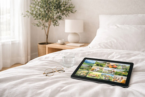 Tablet on white bed displaying posit, a Photo by Dvoevnore photos