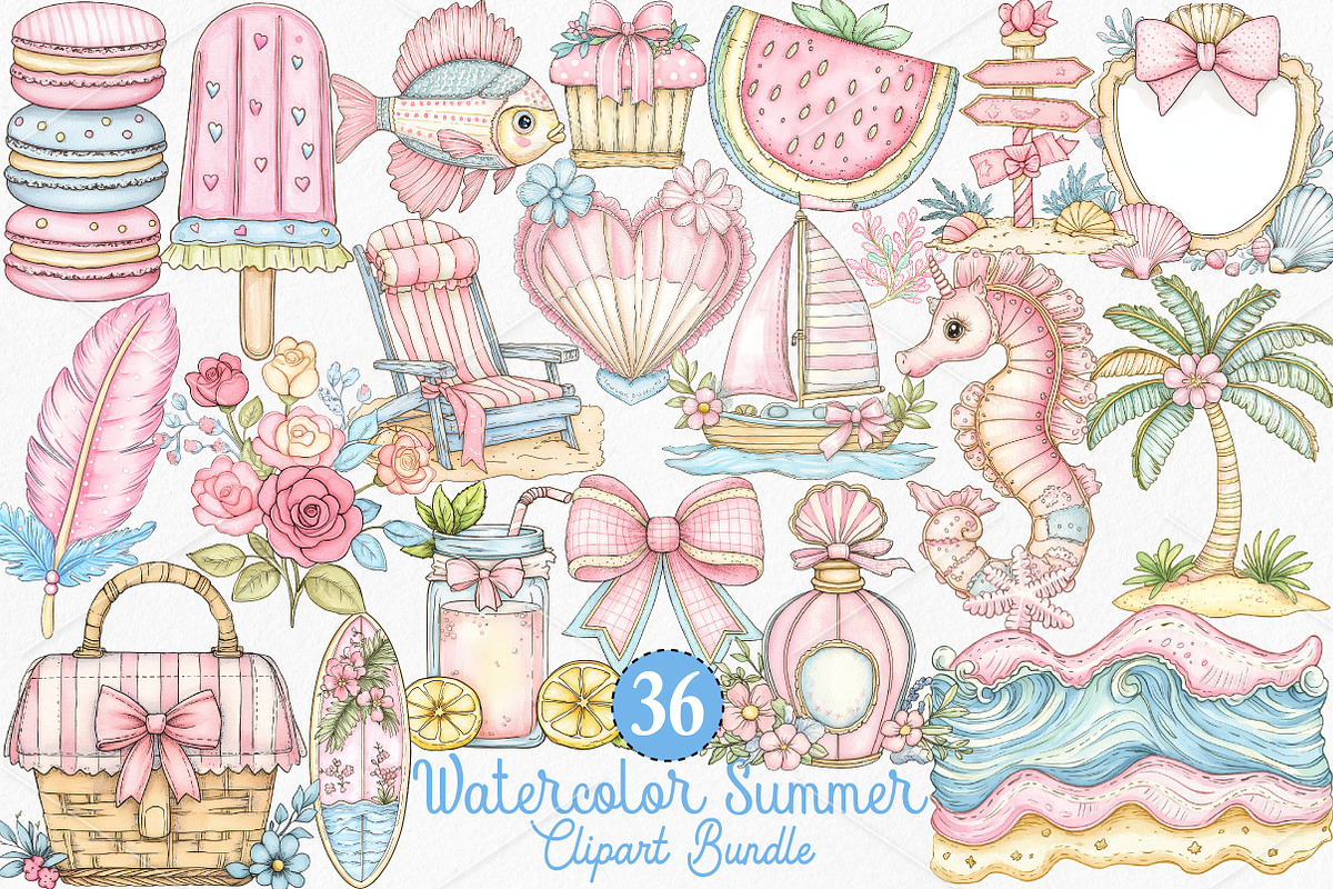 Watercolor Summer Clipart Bundle, a Seasonal Illustration by Canvas Craft (Photo 1 of 7)