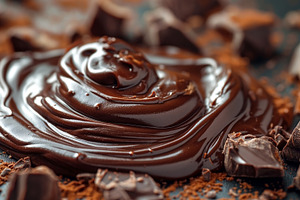 Rich, glossy dark chocolate spread artistically swirled on a sur, a Food & Drink Photo by ImageMir