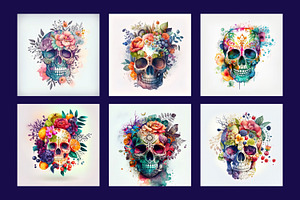 Watercolor Floral Skulls Pack