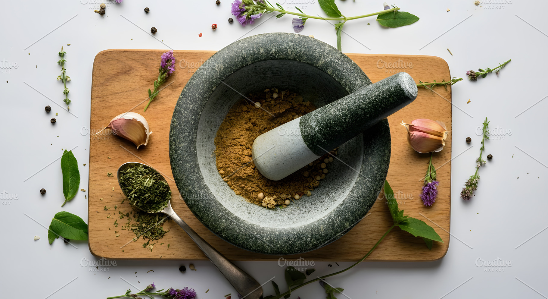 Mortar and Pestle with Herbs and Spi, a Food & Drink Photo by Stock Shape
