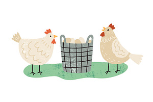Hens and a basket of eggs, an Animal Illustration by Good Studio