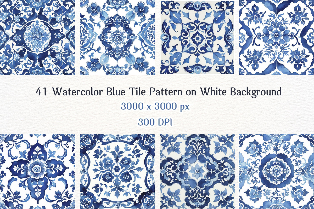 41JPG Watercolor Blue Tile Patterns, a Pattern Graphic by Vachira Digital Studio (Photo 1 of 5)