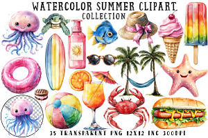 Watercolor Summer Clipart, an Illustration by OK Design