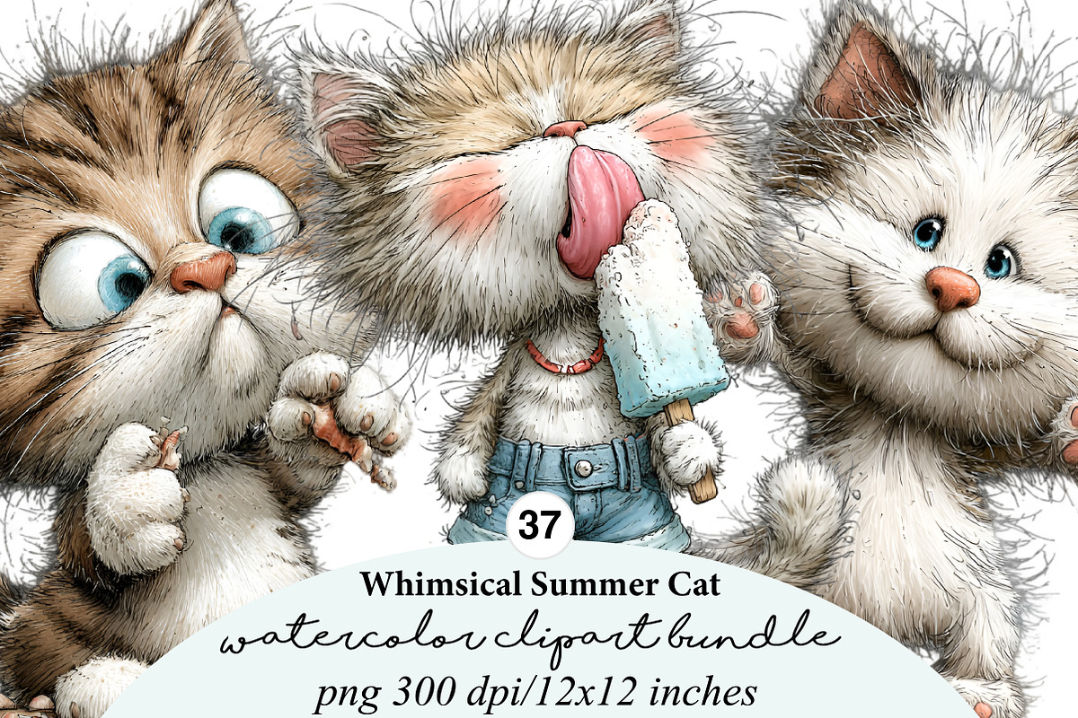 Whimsical Summer Cat Clipart, an Illustration by Digital Artistic99 (Photo 1 of 9)