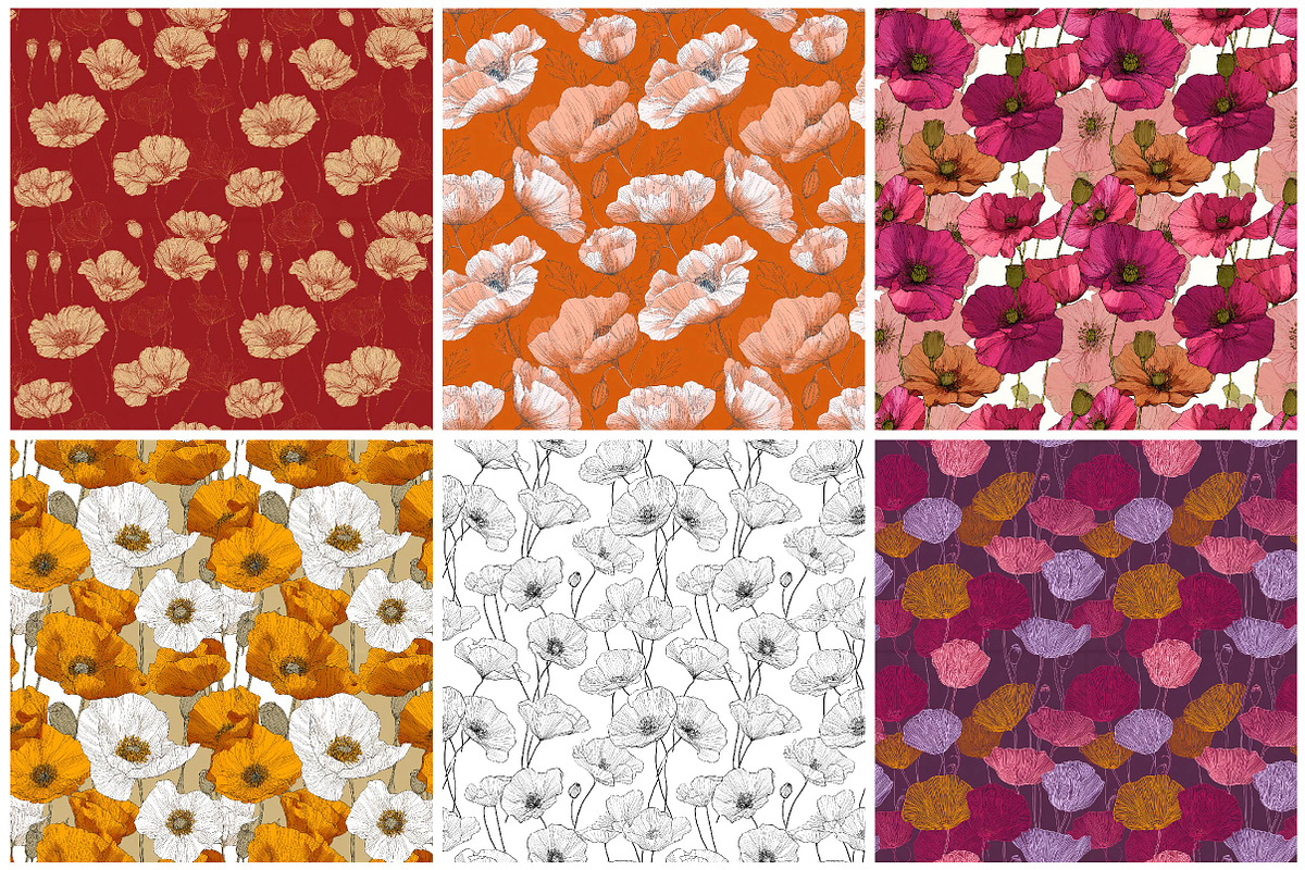 Line Art Poppy Flowers Patterns, an Illustration by DreamPrint404 (Photo 2 of 5)