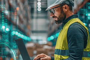 Warehouse Worker Using Laptop with D, a Photo by Pixeness Studio