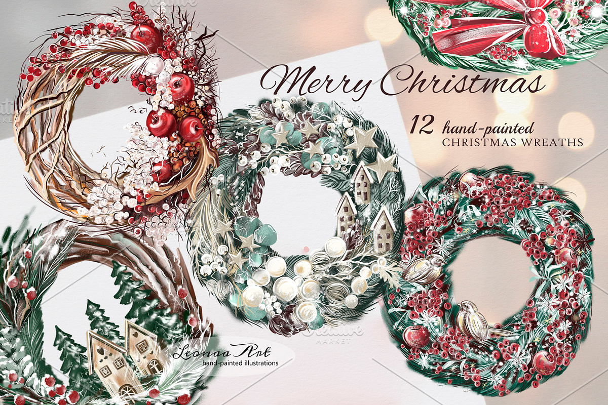 Merry Christmas Wreaths Clipart Set, a Seasonal Illustration by Leonaa art (Photo 3 of 21)