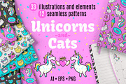 Unicorns and Cats Clipart + Patterns, an Illustration by Martyshova (Thumbnail 1 of 7)