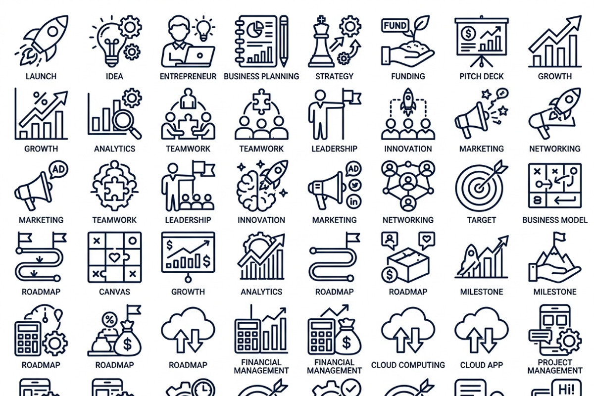 42 Tiny Business Startup Icon Set, an Outline Icon by adenpinkstore (Photo 1 of 12)