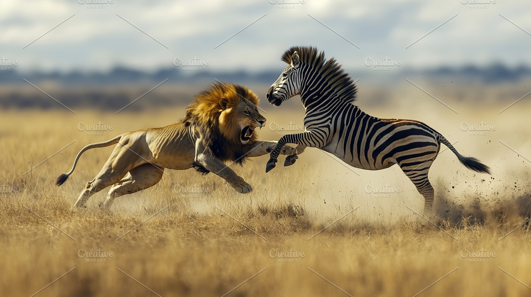 Male lion attacking a zebra in African savannah, an Animal Photo by AlyaAnd