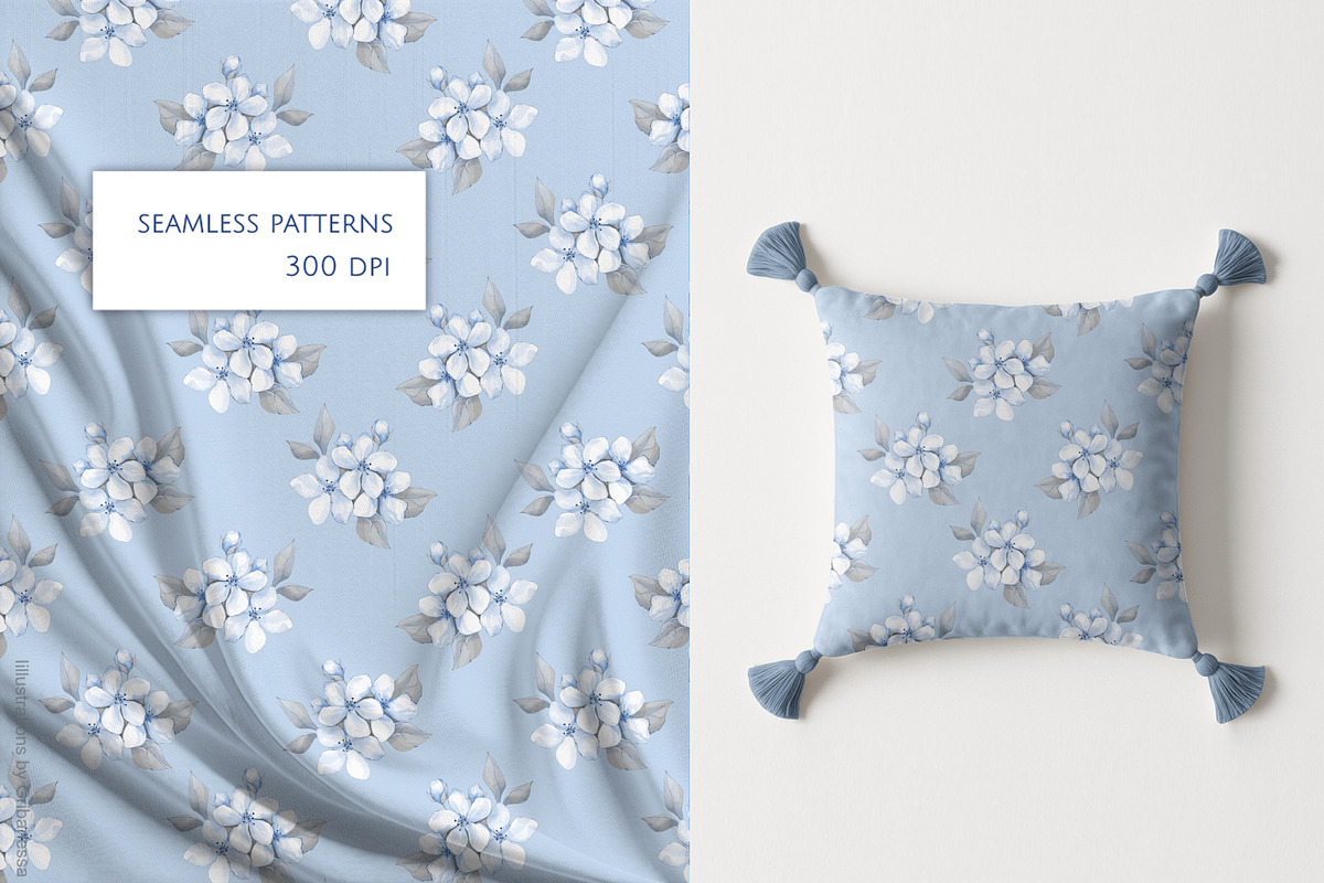 Blue Floral Patterns & Wreath Set, a Decorative Illustration by Gribanessa (Photo 3 of 4)