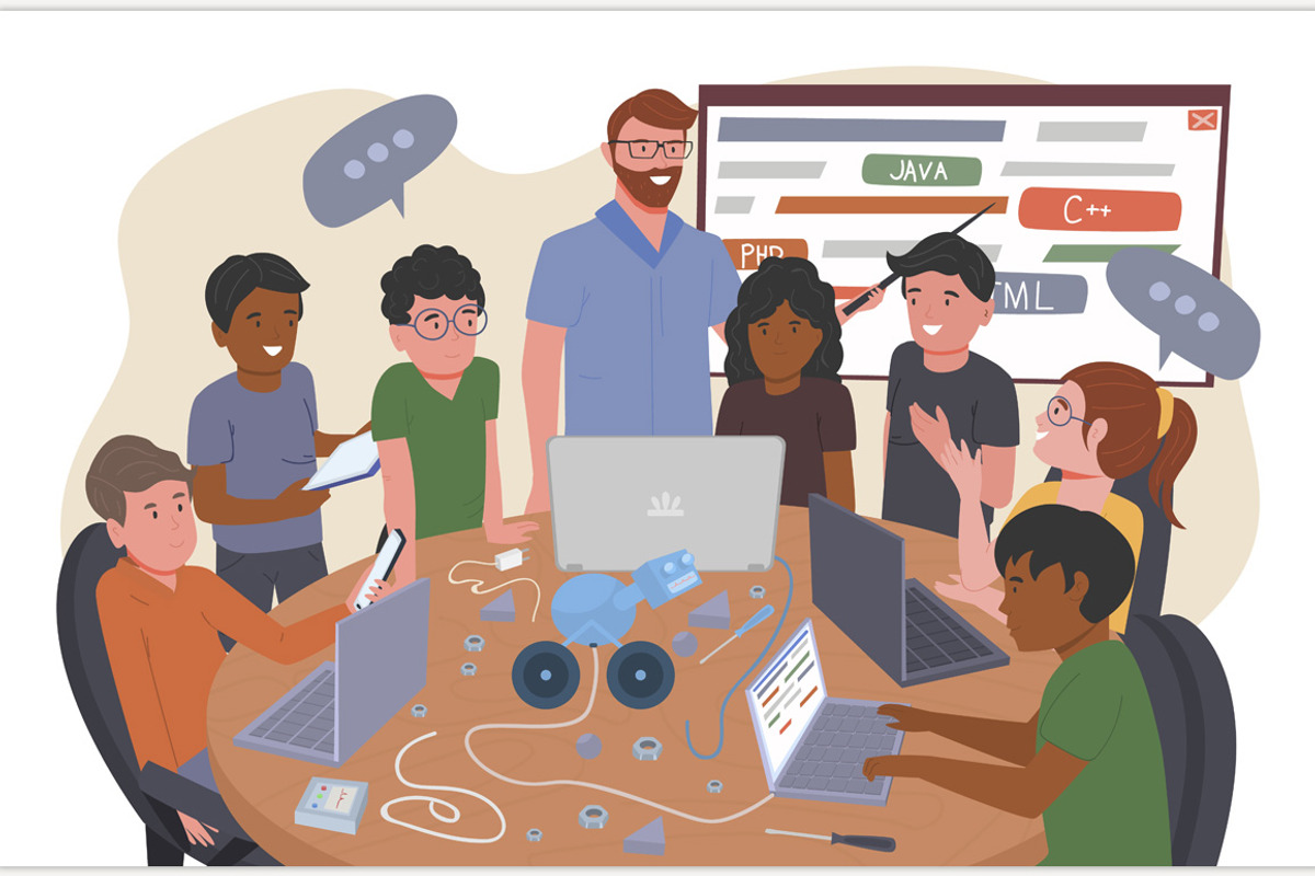 Children coding school. Teamwork, an Education Illustration by Anna's Shop