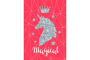 Card With Fantasy Unicorn And Silver Glitter Texture