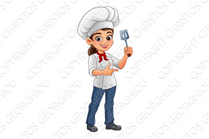 Cartoon Chef Woman Pointing While, a Food Illustration by Christos Georghiou