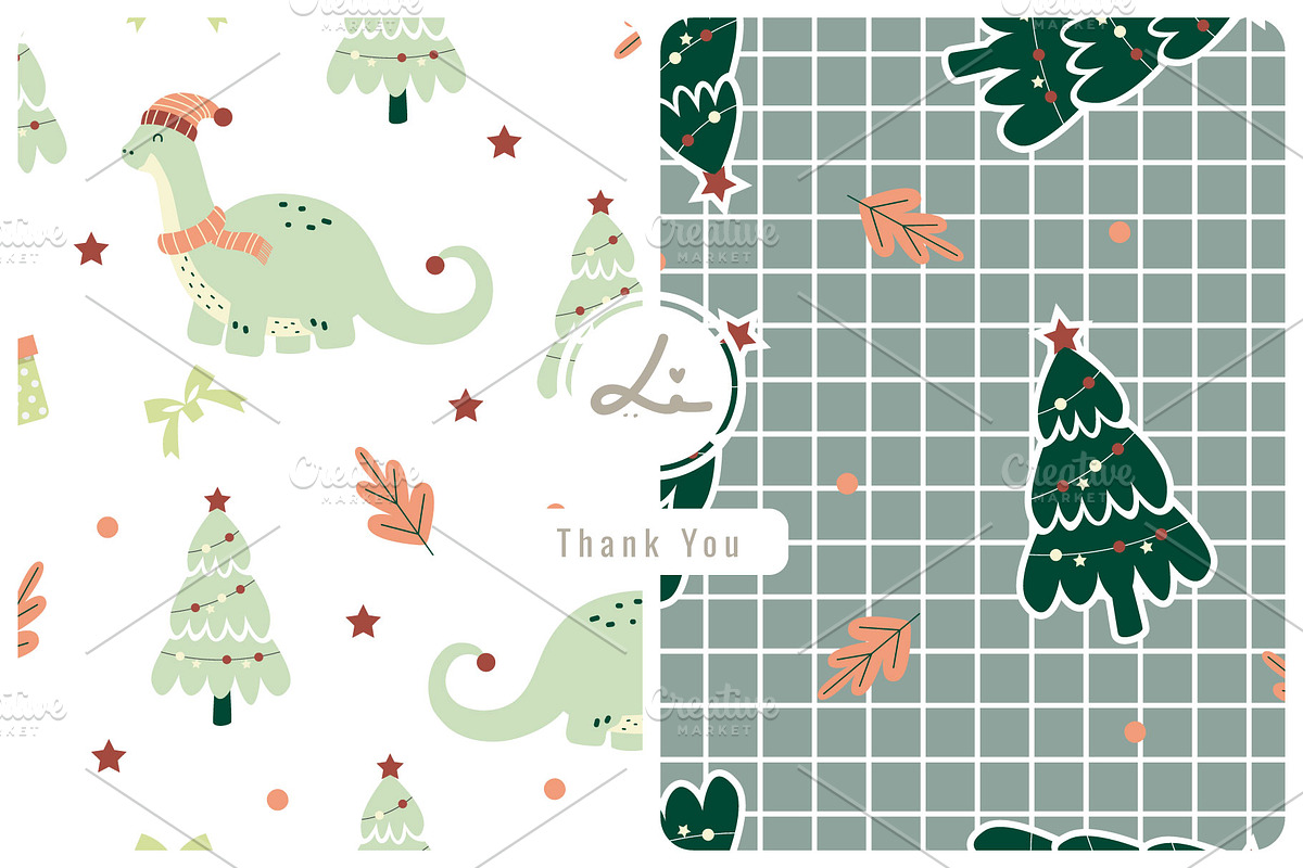 Dinosaur and christmas tree pattern, a Pattern Graphic by lindoet23 (Photo 1 of 3)