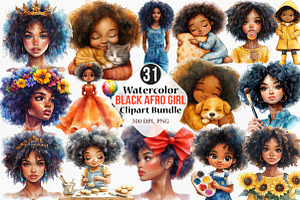 Watercolor Black Afro Girl Clipart, an Illustration by Canvas Craft